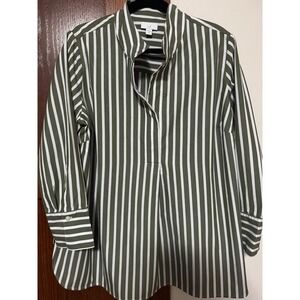 J. Jill Olive Green White Striped Tunic Top XL Petite Long Sleeve Popover Blouse